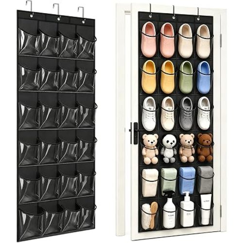 Over the Door Shoe Organizer - Space Saving Shoe Rack for Closet Door with 24 Crystal Clear Pockets and Metal Hooks, Shoe Holder Back of Door Organizers for Shoes, Hanging Shoe Organizer (Black)