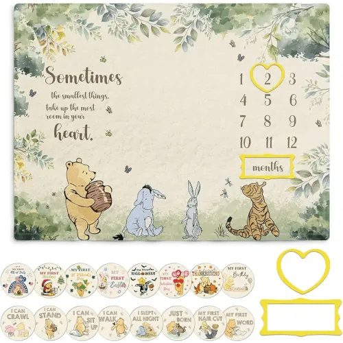 Winnie Milestone Blanket for Baby, Pooh Babies Monthly Blanket, Winnie Quotes Baby Milestone Blankets, Newborn Photography Background Decor, with 8 Holiday Cardstocks