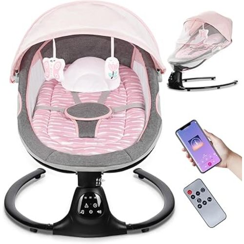 Baby Swing for Infants, 0-9 Months Baby Swing Support Music Playback, 5 Sway Speed, Electric Swing for Baby with Remote Control, Indoor & Outdoor Use (Pink)