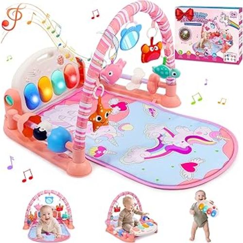 Baby Gyms Play Mats, Baby Toys Tummy Time Mat, Baby Activity Mat Play Piano Gym with 5 Sensory Toys for Babies, Music and Lights Boy & Girl Gifts for Infant Newborn Baby 0-3 4-6 6-9 6-12 Months