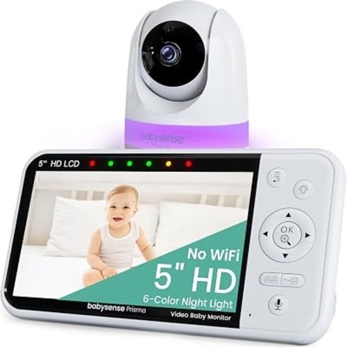 Babysense Prisma HD 5” No WiFi Video Baby Monitor with Camera and Audio, 6-Color Night Light, Split Screen Display, Baby Sound Machine with White Noise & Lullabies, Secure Hack Proof