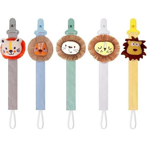 5 Pack Pacifier Clips for Boys and Girls, Multicolor Fabric Straps,5pcs Straps, Approx. 11 in / 29 cm, Resin Clips with Inner Grip Design, Fits Most Pacifiers with Handles