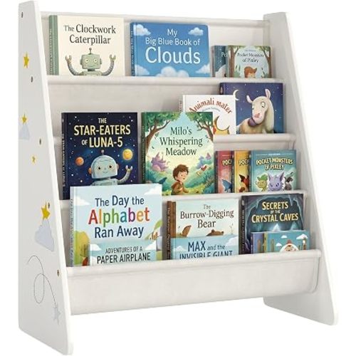 Qaba Fabric Kids Bookshelf, 4-Tier Toddler Sling Book Rack for Playroom, Bedroom, Nursery and Kids Room, Toddler Bookcase for Ages 3-6, White