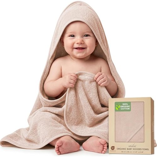 infancie 100% Organic Cotton Plush Woven Hooded Baby Bath Towels - Soft and Absorbent 31x31 Inches for Newborns and Kids, Baby Bath & Hooded Towels, Premium Infant Towels (Sand)