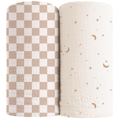 Konssy Muslin Swaddle Blankets for Girls Boys, 2 Pack Receiving Baby Blanket Large 47 x 47 inches, Soft Breathable Swaddling Wrap for Unisex Newborn (Coffee Check,Moon)