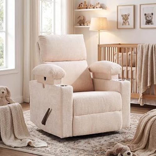 Swivel Rocker Recliner Chair with Adjustable Armrests and Headrest, Nursery Rocking Chair for Breastfeeding, Manual Glider Recliner, Chenille Beige