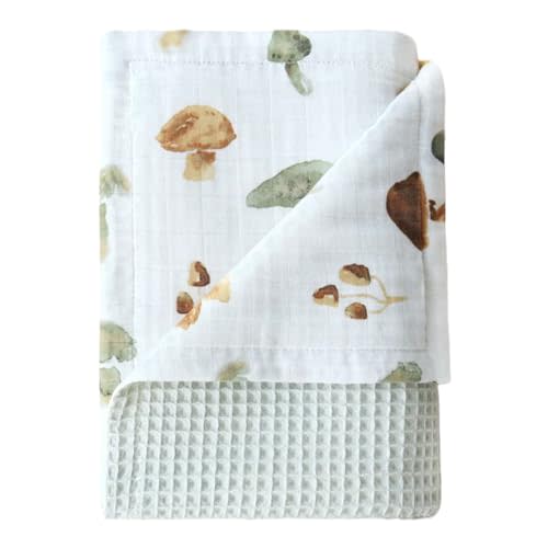 Generic Mushroom Muslin Swaddle Blanket, Baby Waffle Knit Blanket Neutral, 2 Layers Infant Newborn Crib Stroller Receiving Blanket for Boys & Girls