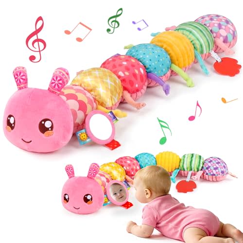 Baby Girl Toys 0-6 Months Musical Stuffed Caterpillar Pink Toys for Infant 0-3 3-6 Month Tummy Time Sensory Newborn Toys with Mirror Crinkle Rattle for 2 3 4 5 6-12 Month Old Babies Girl Shower Gifts