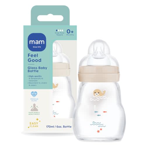 MAM 6oz Pure Glass Anti-Colic Feel Good 0+ Month Baby Bottle, 1 Pk, Unisex | Slow Flow Skin Soft Silicone Nipple, Easy to Clean, BPA Free, Easy Switch Between Breast & Bottle, Made In Europe