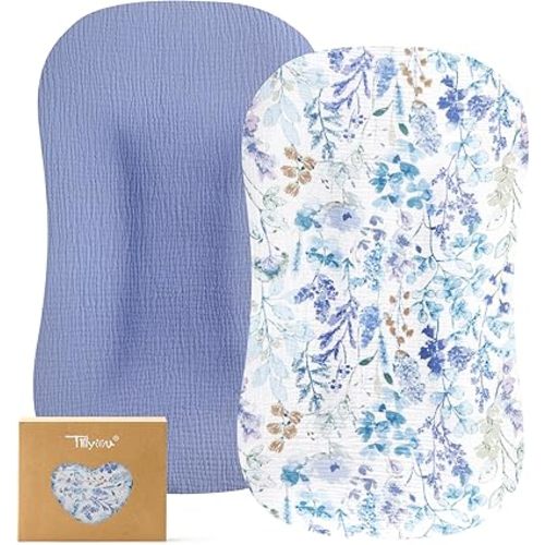 TILLYOU Muslin Baby Lounger Cover, 100% Cotton Newborn Lounger Cover, 2 Pack Baby Nest Slipcover for Boys Girls, Cover Only, Blue Flower