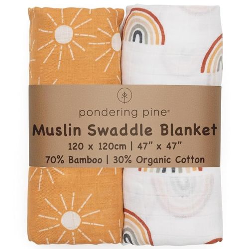 Organic Baby Muslin Swaddle Blankets for Boy or Girl - Sun and Rainbow Swaddling Blanket 2 Pack - Soft Muslin, XLarge and Breathable, Boho Baby, 47" X 47"