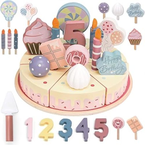Wooden Birthday Party Cake Pretend Play Food Set for Kids,Fake Cake with Candles and Numbers,Play Kitchen Accessories Party Gift Birthday Gifts Boys Girls Educational Toys for Toddlers 1-3