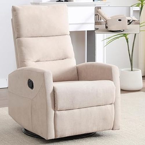 360° Swivel Rocker Recliner Chair, Versatile Glider Rocking Chair for Adults, Manual Recliner Lazyboy Single Sofa, Upholstered Nursery Chairs for Small Spaces/Living Room/Bedroom/Nursing (Beige)