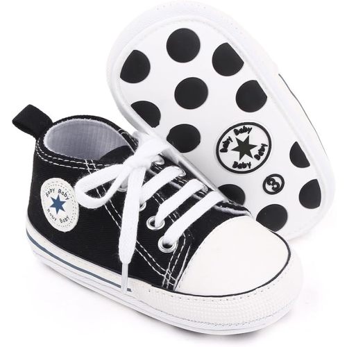xioqen Unisex Baby Boys Girls Shoes, Newborn Infant Non-Slip Canvas Denim High Top Sneakers, Toddler First Walkers Shoes (01/Black Rubble Sole, 6-12 Months)