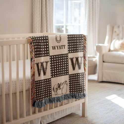 Personalized Cowboy Woven Baby Blanket, Western Cowboy Boys Blanket, Heirloom Blanket, Newborn Name Blanket, Baby Name Woven Throw Blanket