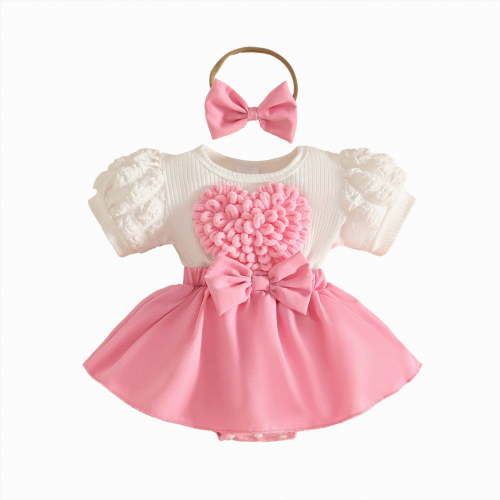 enyan Baby Girl Summer Clothes Newborn Romper Dress Puff Short Sleeve Onesie Jumpsuit Outfits with Bow Headband,Pink,0-3 Months