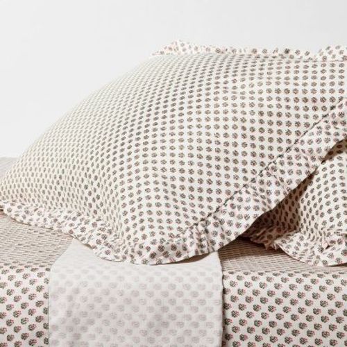 Twin/Twin XL 310 Thread Count Teen Block Print Ruffle Sheet Set Pink/Cream - Threshold™ designed with Studio McGee