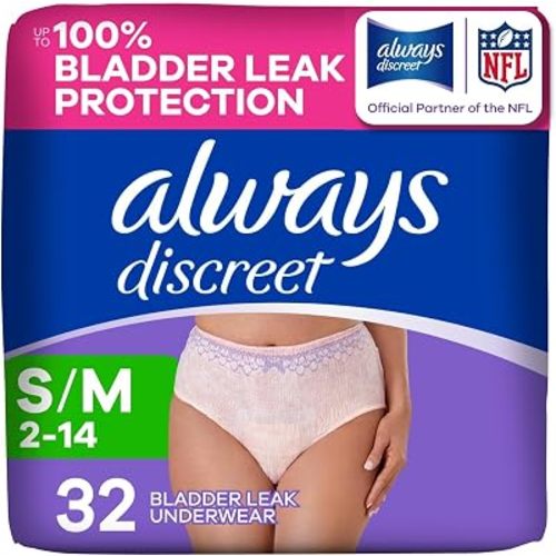 Always Discreet Adult Diapers for Women, Incontinence Underwear, Postpartum Essentials, Disposable Briefs, Max Absorbency, Bladder Leak Protection, Small/Medium, 32ct
