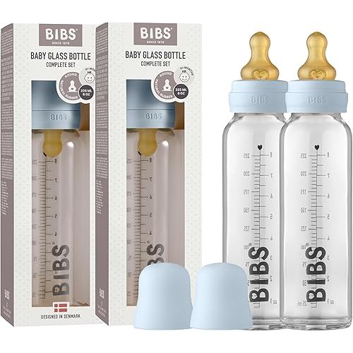 Bibs Baby Glass Bottle | Newborn Anti-Colic Baby Bottles | Borosilicate Glass with a Natural Vented Round Natural Rubber Latex Nipple | Consistent Flow Rate | 7.6 oz/225 ml | 2 Pack | Baby Blue