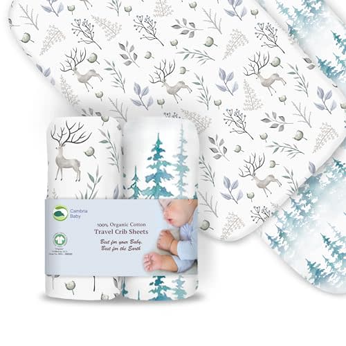 100% Organic Cotton Fitted Travel Crib Sheets Compatible with Guava Lotus, BabyBjorn, Dream on Me, Baby Joy and All Other 22-26" x 40-44" Pads. Strap Holes in Each Corner. 2 Pk, Deer & Forest