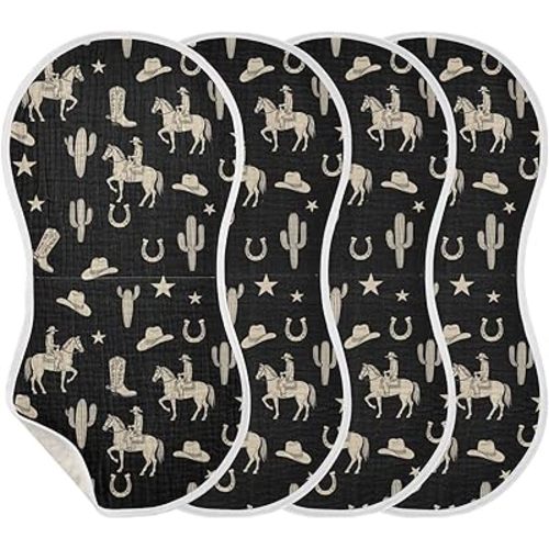 4 Pack Muslin Burp Cloths Western Cowboy Black Cotton Baby Burp Cloths Ultra Soft Burping Cloth Absorbent Spit Up Rags for Newborn Baby Boys Girls 22x11 Inch