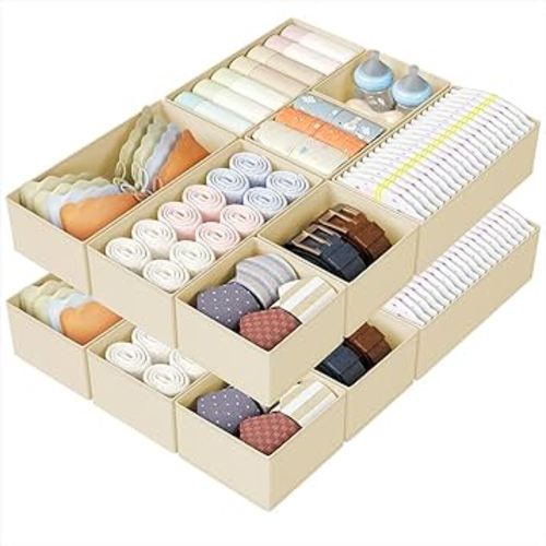 DIMJ Drawer Organizers Clothes, Set of 16 Dresser Organizer Bins, Fabric Closet Organizers and Storage, Shallow Drawer Dividers for Nursery, Clothing, Baby Clothes, Socks, Underwears, Tie (Beige)