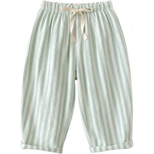 Toddler Boys Cute Striped Pants Baby Girls Baggy Cotton Linen Sweatpants with Drawstring Summer Elastic Waist Barrel