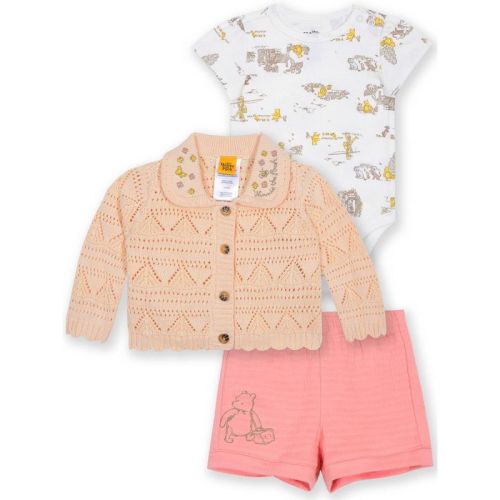 Baby Girls' 3pc Disney Winnie the Pooh Collection Bodysuit, Cardigan and Shorts Set - Yellow Newborn