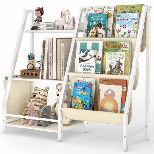3-Tier Kids Bookshelf and Toy Organizer with Sling Fabric Pockets Nursery Storage White