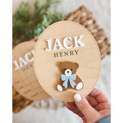 Classic Teddy Bear Baby Name Plaque, Vintage Wooden Baby Announcement, Custom Name Hospital Stats, Personalized Newborn Photo Prop, Fresh 48