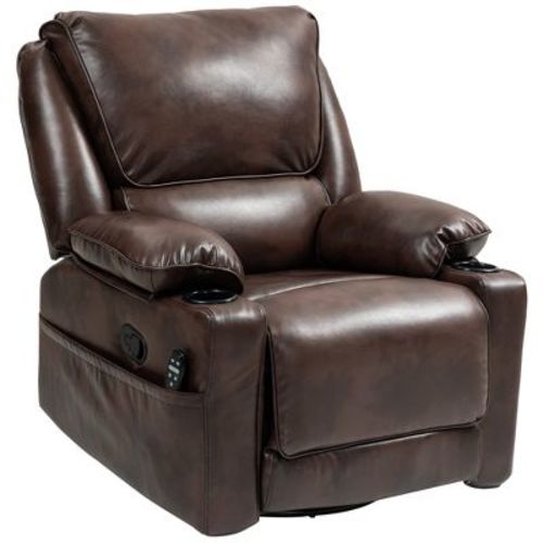 HOMCOM Vibration Massage Recliner Chair with Heat, Oversized Swivel Rocker, PU Manual Reclining Chair with Footrest, Remote, Pockets, Brown