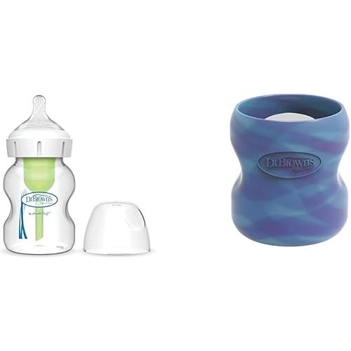 Dr. Brown's Natural Flow Anti-Colic Options+ Wide-Neck Glass Baby Bottle 5 oz/150 ml & Natural Flow Options+ Glass Baby Bottle Sleeves,100% Silicone,5 oz,Wide-Neck