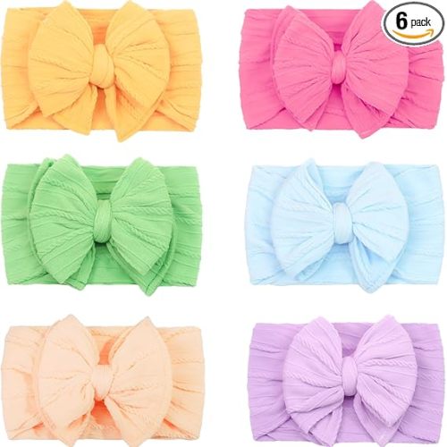 CÉLLOT 6 Pcs Super Stretchy Soft Handmade Headbands with Double Bows Head Wrap Nylon Hair Accessories For Newborn Baby Girls Infant Toddlers Kids(Green)