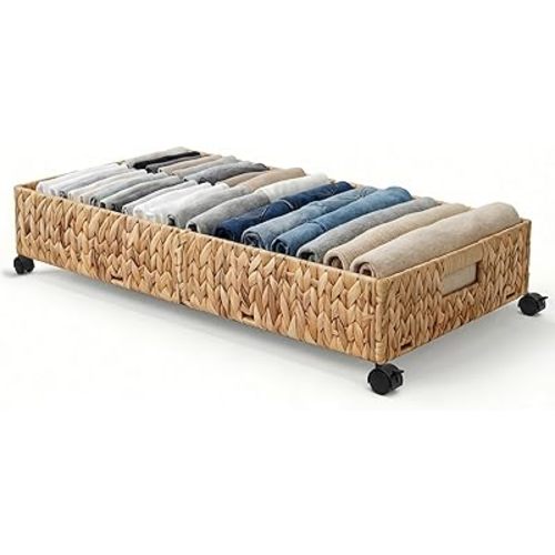 Under Bed Storage with Wheels, 31.5in / 37L Large Handwoven Water Hyacinth Under Bed Shoe Storage Organizer Drawer, Tool-free Assembly Rolling Storage Containers
