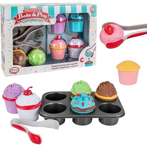 Magnetic Bake & Play Cupcake Toy Set, Bakery Pretend Play for Toddlers, 20 Pieces