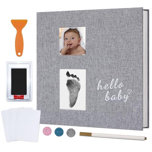 Vienrose Baby Photo Album Self Adhesive Memory Book 4x6 Magnetic Scrapbook Kit with Clean-Touch Ink Pad Handprint Footprint and A Metallic Pen for Boy/Girl 2 Windows 40 Pages Grey