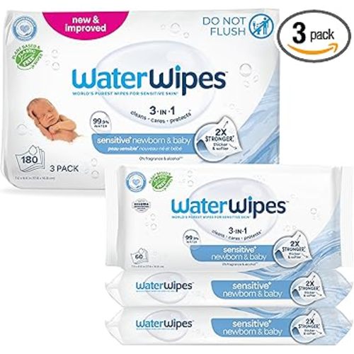 WaterWipes Sensitive+ Newborn & Baby Wipes, 3-In-1 Cleans, Cares, Protects, 99.9% Water, Unscented & Hypoallergenic, 180 Count (3 Packs)