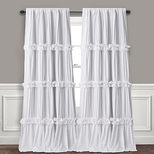 Homechoice Decor Thermal Insulated Blackout Window Curtains, 52" W x 96" L x 2 Panels, Boho Ruched Window Treatments with 3 Rows of Butterfly Flowers, Rustic Rod Pocket Drapes for Room, White (LQ-30)