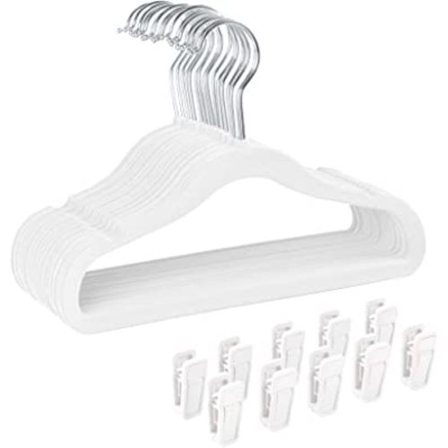 Finnhomy Non-Slip Clothes Hangers for Baby and Kids 30-Pack Velvet Hangers with 10 Finger Clips, White