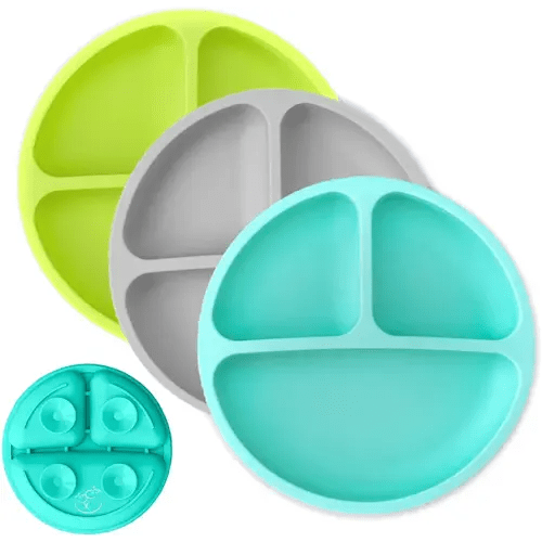 Hippypotamus Toddler Plates with Suction - Baby Plates - 100% Food-Grade Silicone Divided Plates - BPA Free - Dishwasher Safe - Set of 3 (Teal/Gray/Lime)