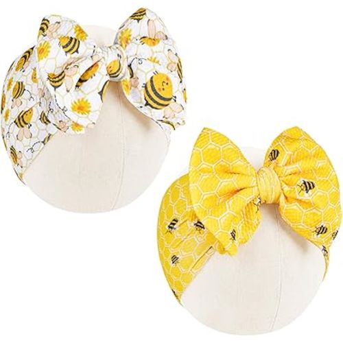 2Pcs Bee Baby Headband Yellow Hair Bows for Girls Large Spring Summer Flower Headband Toddler Girls Nylon Hair Accessories Big Bows Hairband