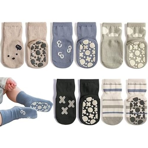 Exegawe Toddler Non Slip Socks, Cute Baby Socks with Grips Crew Socks 5 Pairs