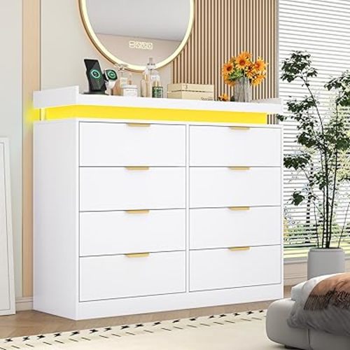 knoworld 8 Drawer Dressers for Bedroom, White Dresser with LED Lights and Power Outlet, Wood LED Dresser, Double Wide Modern Chest of Drawers for Bedroom, Entryway, Hallway