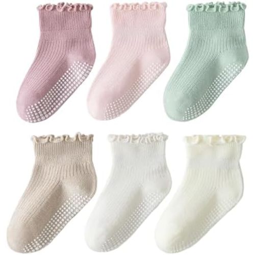 6 Pairs Toddler Ruffle Socks for Girls Baby Grip Socks Non Slip Socks Cute Grippy Frilly