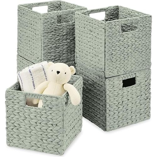 Best Choice Products 10.5x10.5in Pack of 5 Cube Storage Baskets, Water Hyacinth Multipurpose Collapsible Organizers, Handwoven Toy Storage Totes for Kids Room, Nursery & Living Room - Sage