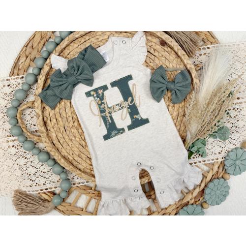 Sage floral ruffle romper, newborn baby girl outfit, summer girl outfit