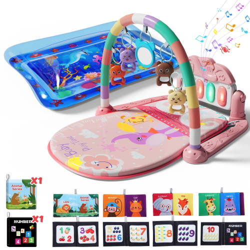 WonderStone 2 in 1 Baby Gym Playmat, Tummy Time Water Mat with 2 Cloth Books/ 5 Infant Sensory Baby Toys & Play Piano, Boys and Girls Newborn Baby Gift 0-36 Month (Pink)