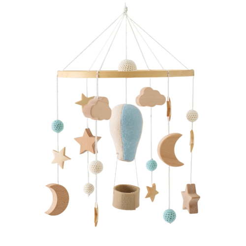 Baby Crib Bell – Rotating Wooden Wind Chime with Stars, Moon & Hot Air Balloon Hanging Toys for Newborn Sleep & Development, Blue