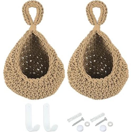 PATIKIL Hanging Fruit Baskets for Kitchen, 2 Pack Mini Size Teardrop Home Decor Storage Hand-Woven Hanging Baskets for Garlic Potato Vegetable, Brown