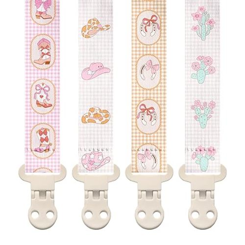 Stadela Baby Pacifier Clip Holder - Girl 4 Pack Gift Set – Boho Modern Pink and Beige Flowers Floral (Nolana)